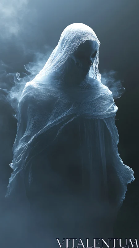 Shrouded spectral figure emerges from swirling blue mist.