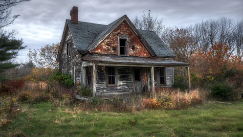 Weathered abandoned farmhouse in overgrown rural clearing