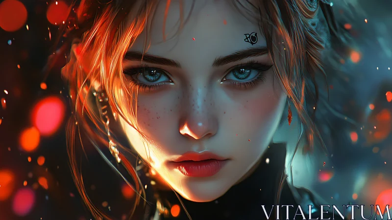 Digital painting portrait with ember bokeh and cinematic focus.