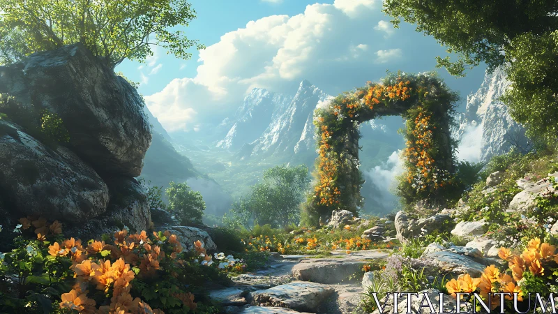 Floral stone archway in a mountainous valley landscape.