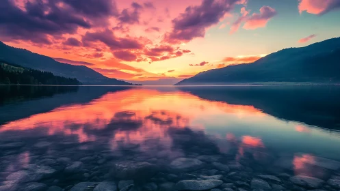 Panoramic alpine lake sunset with mirrored sky symmetry.