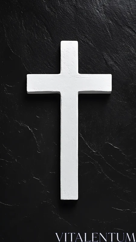 Minimalist white cross on textured black stone background.