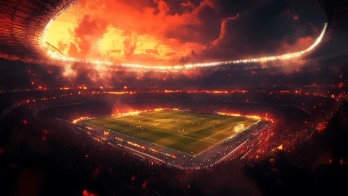 Volcanic football arena under apocalyptic incandescent sky.