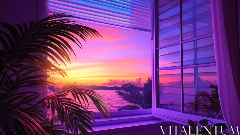 Window frames coastal sunset over water with interior plants