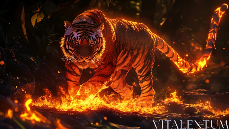 Firelit tiger crossing glowing embers in a shadowed jungle.
