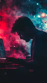 Focused night coder framed by glowing neon dreamscape.