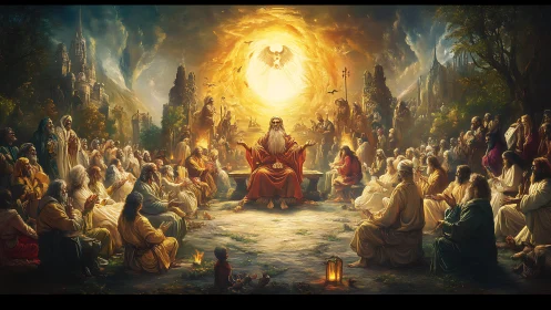 Celestial teacher addressing gathered disciples under radiant portal
