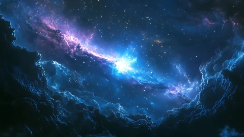 Cosmic nebula corridor framed by dense space clouds.