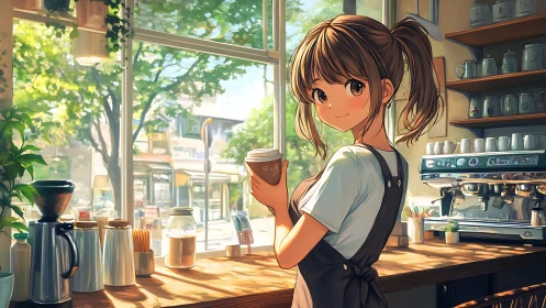 Sunlit anime café barista with articulated espresso workflow.