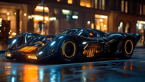 Futuristic black supercar parked on wet city street at night.