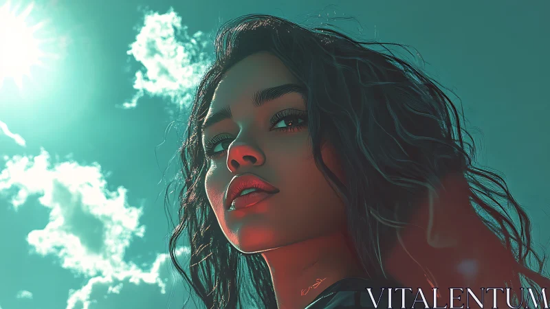 Sunlit gaze beneath teal skies and drifting soft clouds.