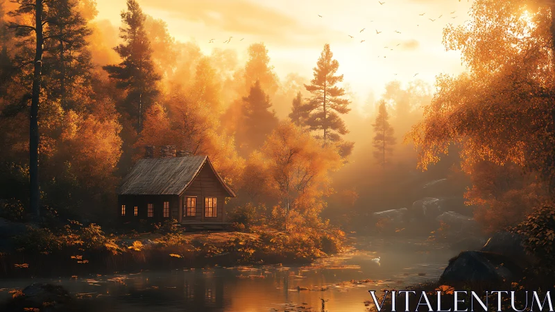 Cabin beside calm river in dense autumn forest at sunset.