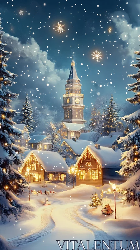 Winter village street under falling snow and clocktower glow.