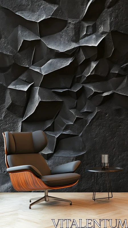 Cozy lounge chair against a bold sculpted charcoal wall.