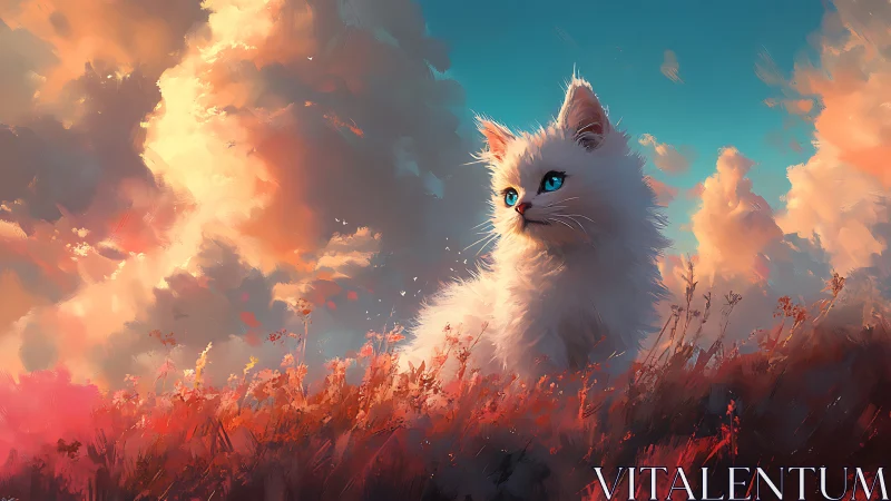 White Cat with Luminous Eyes in Fiery Sky Landscape