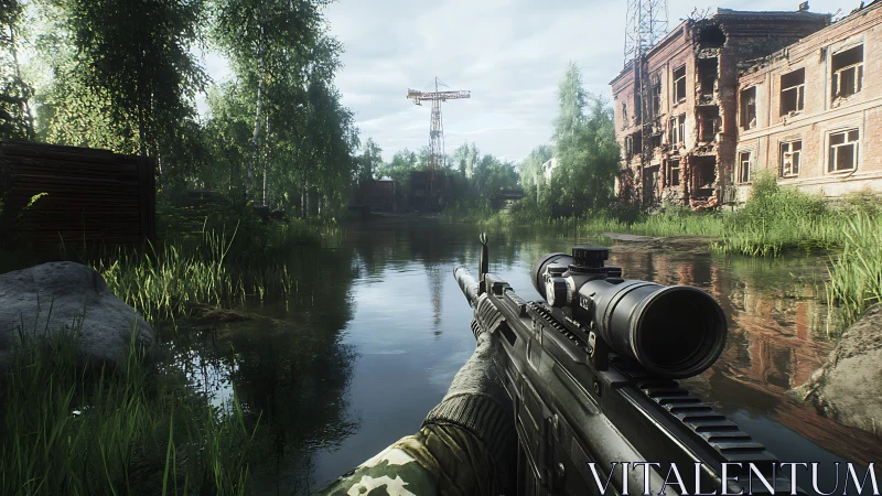 Rifle scope view over flooded urban ruins and trees.