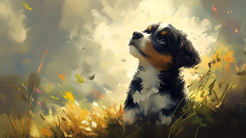 Puppy portrait under luminous meadow sky in painterly brushwork.