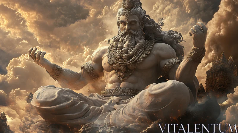 Colossal meditative deity floats amid storm-torn heavens.