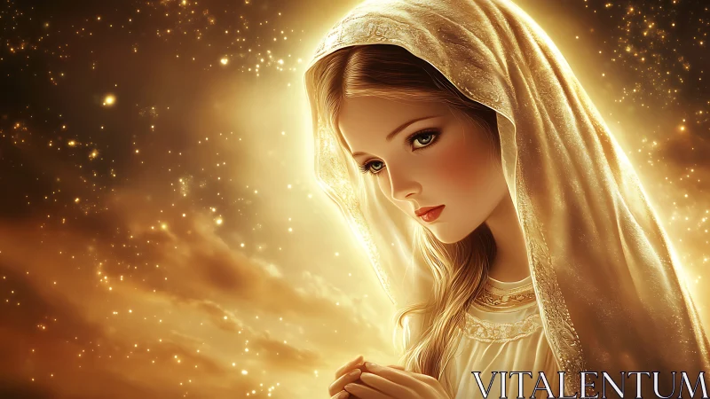 Hooded woman with folded hands glows in golden light