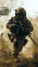 Dust-storm commando charges through chaos and rotor thunder.