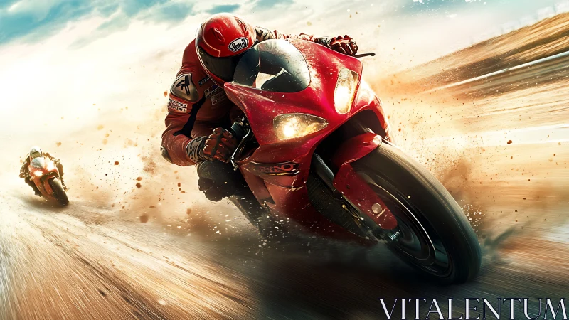 High-speed motorcycle cornering with motion blur and dust spray