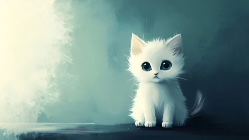 Ethereal White Kitten with Azure Eyes Against Gradient Sky.