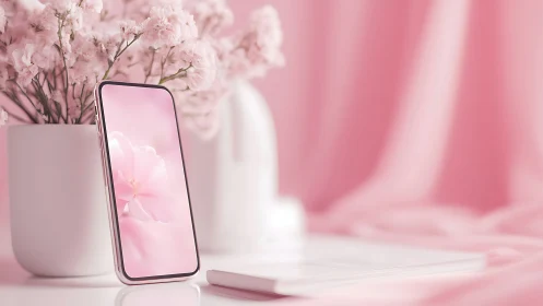 Smartphone Blooms Amid Delicate Florals in Soft Pink Paradise