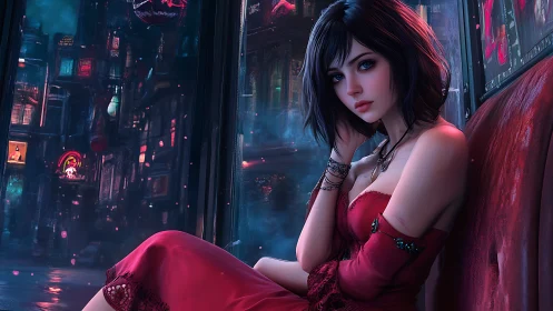 Midnight thoughts with a red-dressed girl by neon windows.