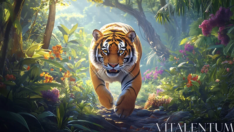 Hyperreal Bengal tiger advancing through lush sunlit jungle