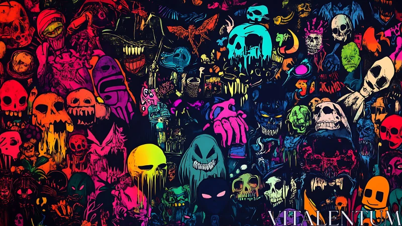 Neon horror collage of skulls, ghosts, and dripping faces.