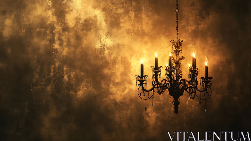 Hanging chandelier illuminates textured wall surface