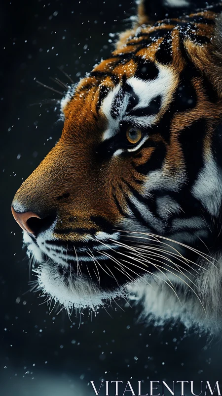 Winter snow settles softly on a tiger’s focused profile