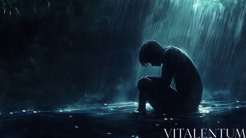 Silhouetted figure sits in heavy rain within shallow water