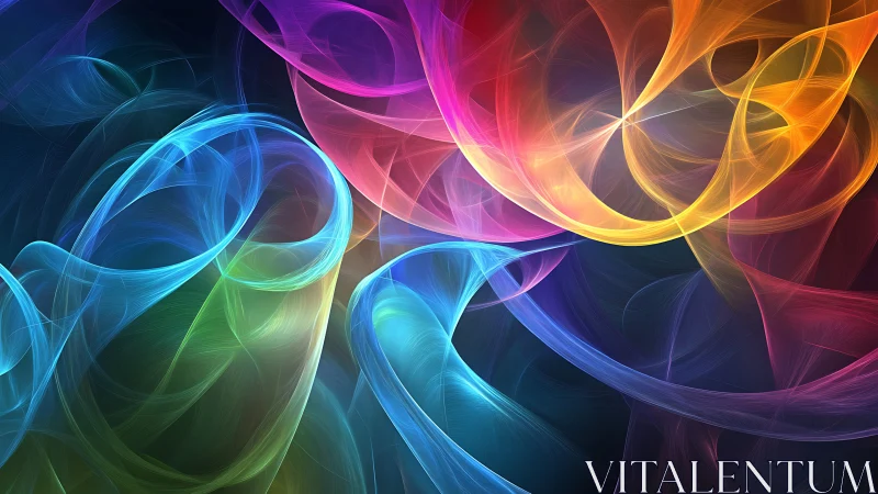 Layered abstract neon light ribbons on dark background.