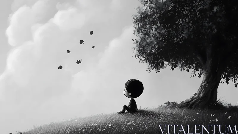 Quiet hillside daydream with drifting leaves and soft sky.