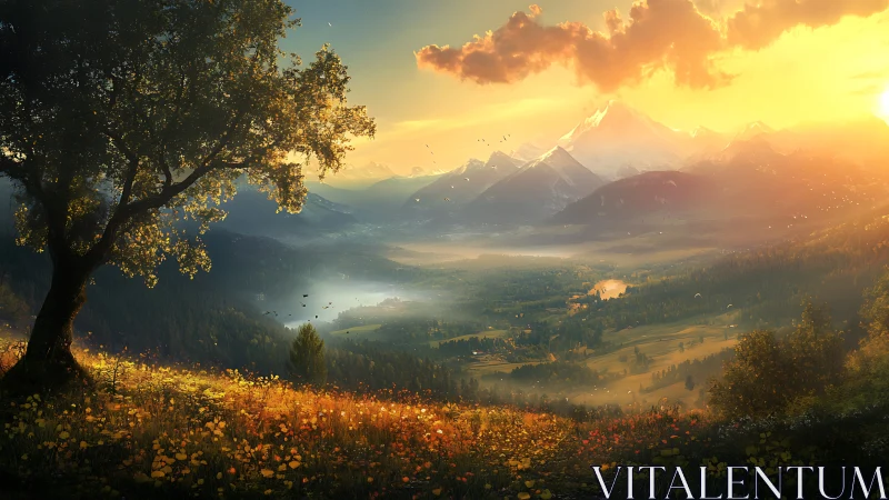 Sunlit valley dreamscape under watchful mountain crowns.