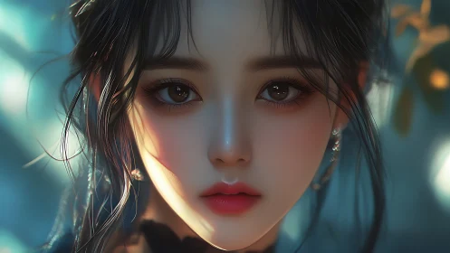 Soft-lit digital portrait of girl with luminous eyes.