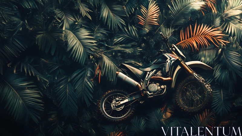 Enduro motorcycle slices through dense tropical foliage in profile