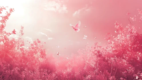 Birds and butterflies fly above dense pink foliage landscape
