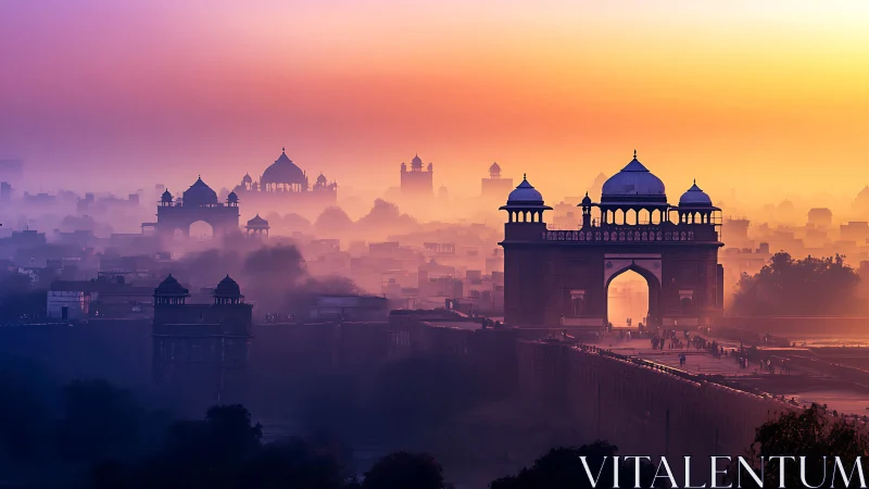 Sunrise mist bathes historic domes above an ancient cityscape.