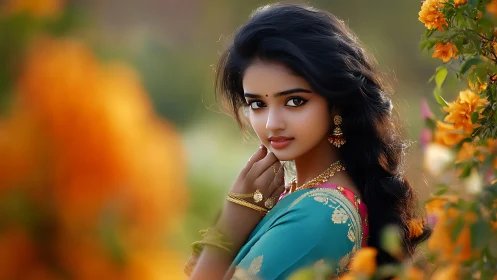 Portrait of Indian Woman in Traditional Dress Amid Vibrant Flowers.