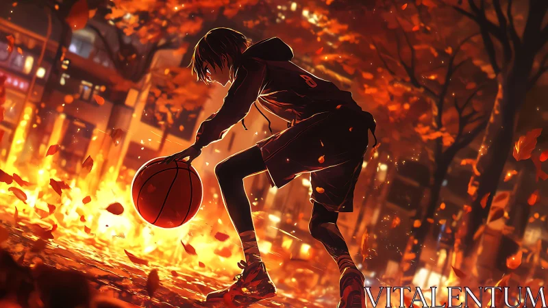 Autumn streetball silhouette amid incandescent leaf turbulence.