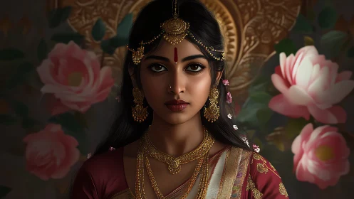 Elegant Indian Woman in Traditional Attire, Floral Digital Art.