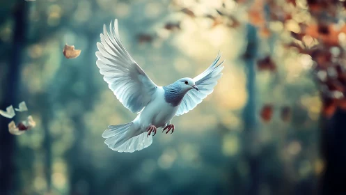White dove in flight with autumn leaves, soft bokeh background.