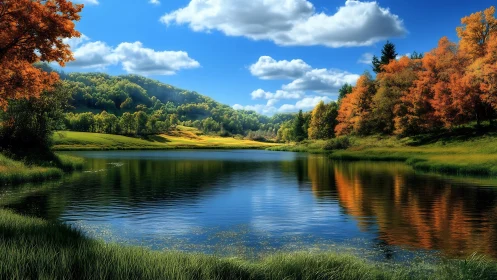Autumn hills and mirrored lake under cloud-brushed sapphire sky.
