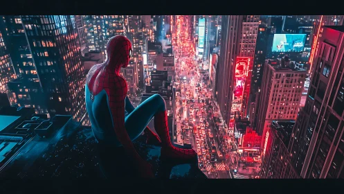 Masked hero overlooks neon city canyon in cinematic dusk.
