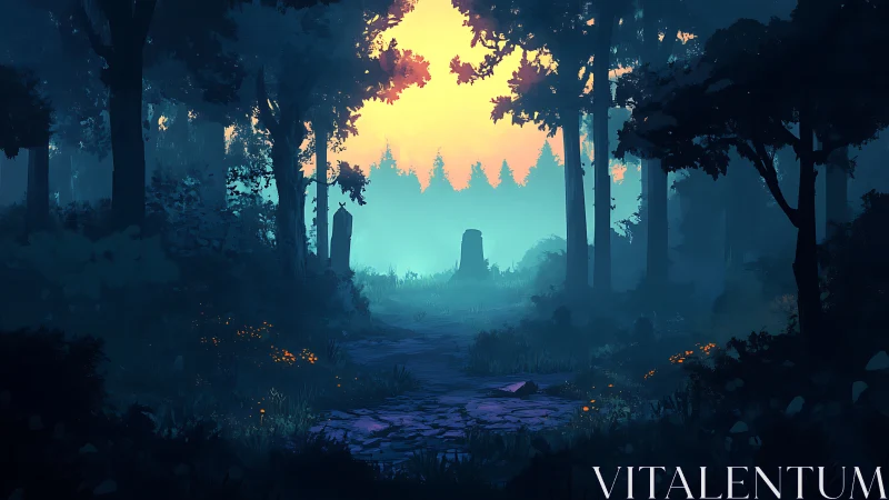 Mystical Forest Clearing at Dusk with Luminous Sky