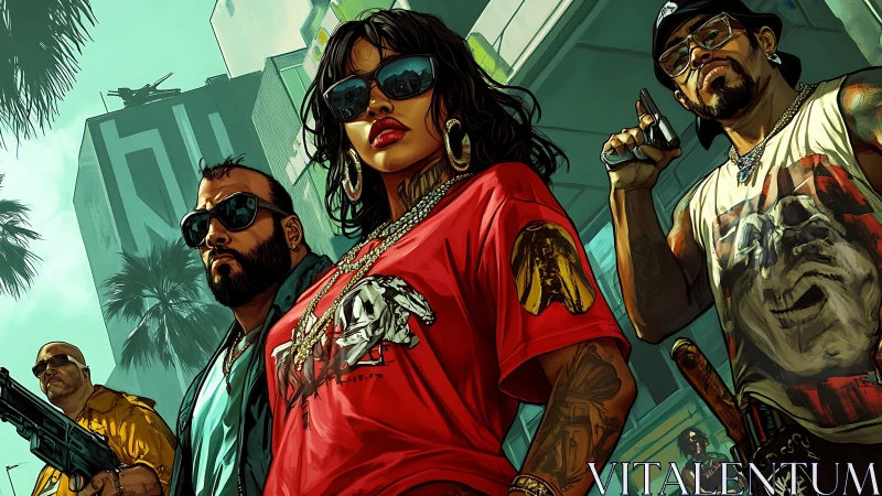 Gang of armed street figures stands in bright urban scene