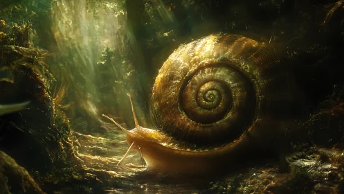 Giant snail moves through dense forest with dramatic light