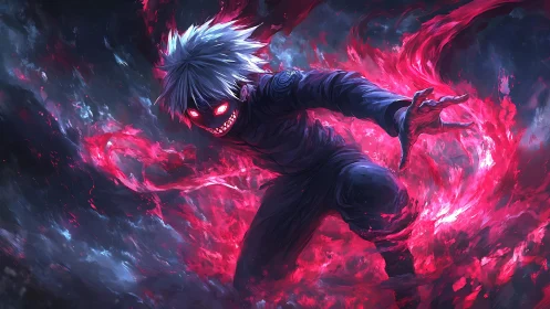 Anime infernal sorcerer in dynamic crimson energy vortex.